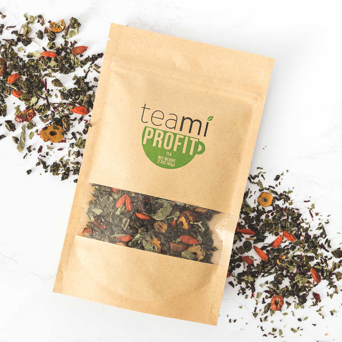 Teami Blends Profit Tea ingredients: chinese red dates, green tea, nettle leaf, goji berry, peppermint & dried roselle